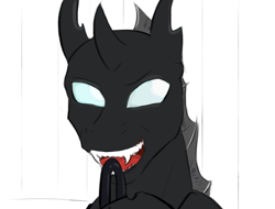 Size: 1154x878 | Tagged: safe, artist:testostepone, oc, oc only, oc:coxa, changeling, anisocoria, cane, changeling oc, david bowie, fangs, no source available, open mouth, smiling, solo, tongue out