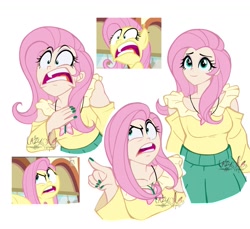 Size: 1555x1424 | Tagged: safe, artist:l4zy_4le, fluttershy, human, pegasus, pony, buckball season, g4, angry, clothes, faic, female, fingernails, humanized, jewelry, nail polish, necklace, open mouth, pointing, scene interpretation, screencap reference, simple background, skirt, smiling, white background, yelling