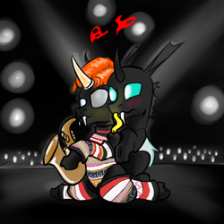 Size: 3000x3000 | Tagged: safe, artist:fumalunga, oc, oc only, oc:coxa, oc:mimesis, changeling, anisocoria, blushing, changeling oc, clothes, david bowie, fangs, gay, glowing, glowing tongue, heart, high res, hug, looking at each other, looking at someone, male, musical instrument, no source available, red changeling, saxophone, spandex, stage, tongue out, wig