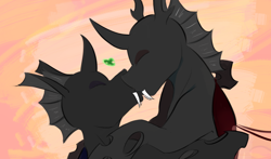 Size: 1474x865 | Tagged: safe, artist:testostepone, oc, oc only, oc:coxa, oc:mimesis, changeling, abstract background, blue changeling, changeling oc, eyes closed, fangs, gay, heart, kissing, male, no source available, red changeling