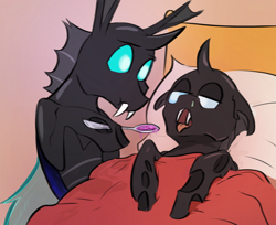 Size: 1010x823 | Tagged: safe, artist:testostepone, oc, oc only, oc:coxa, oc:mimesis, changeling, anisocoria, bed, blanket, caring for the sick, changeling oc, fangs, medicine, no source available, open mouth, pillow, scrunchy face, sick, spoon, tongue out