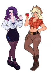 Size: 1268x1809 | Tagged: safe, artist:lazy-ale, applejack, rarity, human, abs, apple, belly button, belt, belt buckle, boots, breasts, busty applejack, busty rarity, clothes, cowboy boots, cowboy hat, cravat, cutie mark on clothes, denim, eyeshadow, flannel shirt, food, frilly, front knot midriff, hand on hip, hat, humanized, jeans, makeup, midriff, nail polish, pants, pencil skirt, platform shoes, shoes, skirt, stockings, tanned, thigh highs
