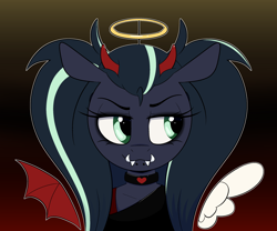 Size: 2810x2342 | Tagged: safe, artist:arume_lux, oc, oc only, oc:arkessa, pony, alternate hairstyle, choker, devil horns, fangs, halo, horns, pigtails, solo