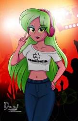 Size: 1464x2265 | Tagged: safe, artist:danielitamlp, lemon zest, human, equestria girls, g4, my little pony equestria girls: friendship games, bare shoulders, belly button, casual, clothes, concert, crowd, female, hand on hip, headphones, looking at you, midriff, off shoulder, open mouth, pants, peace sign, rammstein, shirt, solo focus