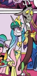 Size: 195x395 | Tagged: safe, idw, discord, fluttershy, princess celestia, princess luna, twilight sparkle, alicorn, pony, g4, spoiler:comic, spoiler:comic78, cropped, crown, cute, discute, food, horn, jewelry, looking up, medal, offscreen character, regalia, smiling, trio focus, twilight sparkle (alicorn)