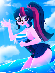 Size: 1500x2000 | Tagged: safe, artist:xan-gelx, sci-twi, twilight sparkle, human, equestria girls, g4, bare shoulders, big breasts, breasts, busty sci-twi, clothes, female, glasses, looking at you, one-piece swimsuit, open mouth, ponytail, sci-twi swimsuit, sleeveless, solo, swimsuit