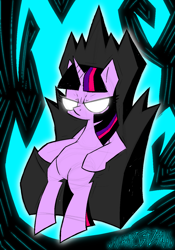 Size: 1962x2800 | Tagged: safe, artist:xxv4mp_g4z3rxx, twilight sparkle, alicorn, pony, g4, beginning of the end, corrupted twilight sparkle, evil, evil twilight, female, glowing, glowing eyes, mare, ponytober, scene interpretation, signature, sitting, solo, twilight sparkle (alicorn), tyrant sparkle