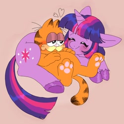 Size: 1500x1500 | Tagged: safe, artist:exxi00, twilight sparkle, cat, pony, blushing, cute, eyes closed, garfield, happy, hooves, lying down, on floor, simple background