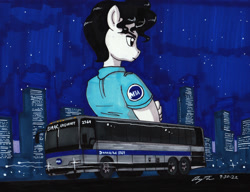 Size: 1280x983 | Tagged: safe, artist:newyorkx3, oc, oc only, oc:tommy, earth pony, anthro, bedroom eyes, bus, city, clothes, male, night, shirt, solo, traditional art