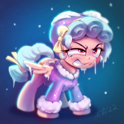 Size: 1872x1872 | Tagged: safe, artist:xbi, cozy glow, pegasus, pony, frenemies (episode), abstract background, angry, annoyed, blue background, clothes, cozy glow is best facemaker, cozy glow is not amused, female, foal, gradient background, hat, ice, mare, simple background, snow, solo, tabun art-battle finished after, unamused