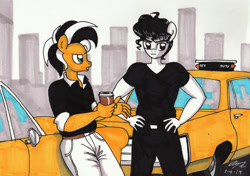 Size: 1280x902 | Tagged: safe, artist:newyorkx3, oc, oc only, oc:tommy, earth pony, anthro, bedroom eyes, clothes, coffee cup, cup, duo, duo male, male, pants, shirt, taxi, traditional art