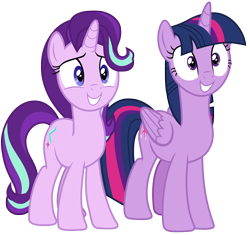 Size: 3000x2814 | Tagged: safe, artist:famousmari5, twilight sparkle, alicorn, pony, unicorn, g4, school daze, duo, high res, simple background, smiling, teeth, transparent background, twilight sparkle (alicorn), vector