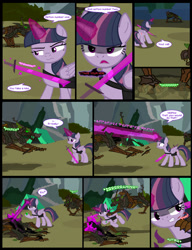 Size: 1042x1358 | Tagged: safe, artist:dendoctor, mean twilight sparkle, alicorn, pony, timber wolf, comic:clone.., g4, alternate universe, bag, clone, comic, energy blast, energy sword, everfree forest, female, glowing, glowing horn, horn, magic, mare, saddle bag, scratches, skyrim, sword, tent, the elder scrolls, twilight sparkle (alicorn), weapon