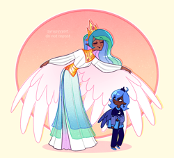 Size: 2500x2271 | Tagged: safe, artist:syrupyyy, princess celestia, princess luna, human, g4, book, clothes, crown, dark skin, denim, dress, duo, ear piercing, earring, eyes closed, female, high res, humanized, jeans, jewelry, pants, piercing, ponytober, regalia, royal sisters, siblings, sisters, size difference, sweater, winged humanization, wings