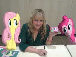 Size: 1024x768 | Tagged: safe, artist:willyvwj, fluttershy, pinkie pie, earth pony, human, pegasus, pony, g4, andrea libman, clothes, female, irl, irl human, mare, pen, photo, ponies in real life, voice actor