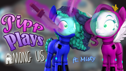 Size: 1920x1080 | Tagged: safe, artist:pika-robo, misty brightdawn, pipp petals, pegasus, pony, unicorn, series:pipp plays, g4, g5, 3d, :3, among us, clothes, cosplay, costume, crewmate, duo, fake thumbnail, female, frown, g5 to g4, gamer pipp, generation leap, imminent death, impostor, knife, let's play, levitation, looking at each other, looking at someone, magic, mare, smiling, source filmmaker, spacesuit, spread wings, telekinesis, wavy mouth, wings, youtube thumbnail
