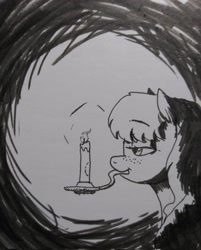 Size: 1645x2048 | Tagged: safe, artist:pony quarantine, oc, oc only, oc:bo, earth pony, pony, bite mark, candle, female, freckles, grayscale, mare, monochrome, mouth hold, solo, traditional art