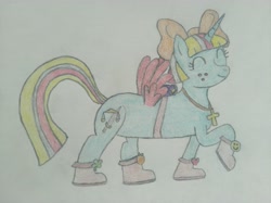 Size: 4032x3016 | Tagged: artist needed, source needed, safe, oc, oc only, oc:terri softmare, alicorn, pony, alicorn oc, boot, horn, simple background, solo, traditional art, white background, wings