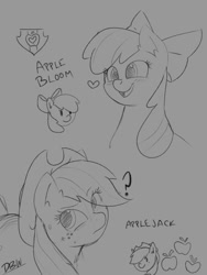 Size: 768x1024 | Tagged: safe, artist:dbw, apple bloom, applejack, earth pony, pony, g4, adorabloom, apple sisters, blushing, cute, female, filly, foal, heart, mare, open mouth, question mark, siblings, sisters, sketch
