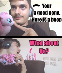 Size: 1200x1400 | Tagged: safe, pinkie pie, earth pony, human, pony, g4, boop, brony, caption, comic, couch, female, grammar error, headphones, image macro, irl, irl human, male, mare, meme, photo, shocked, solo, text