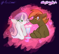 Size: 2037x1874 | Tagged: safe, artist:staceyld636, button mash, sweetie belle, earth pony, pony, unicorn, g4, blushing, bust, duo, female, in love, looking at each other, looking at someone, looking into each others eyes, male, mare, milkshake, older, older button mash, older sweetie belle, portrait, ship:sweetiemash, shipping, smiling, smiling at each other, stallion, straight