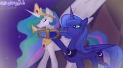 Size: 2880x1587 | Tagged: safe, artist:staceyld636, princess celestia, princess luna, alicorn, pony, princess celestia being deep, g4, crown, duo, ethereal mane, ethereal tail, female, jewelry, mare, meme, musical instrument, reference, regalia, royal sisters, siblings, sisters, smiling, spread wings, tail, trumpet, wings
