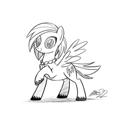 Size: 1200x1200 | Tagged: safe, artist:mellodillo, oc, oc only, pegasus, pony, black and white, female, grayscale, jewelry, looking at you, mare, monochrome, necklace, signature, simple background, smiling, smiling at you, solo, spread wings, unshorn fetlocks, white background, wings