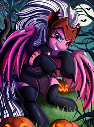 Size: 2950x3984 | Tagged: safe, artist:pridark, oc, oc only, unnamed oc, bat pony, pony, bat pony oc, bat wings, catra, clothes, commission, cosplay, costume, female, full moon, giggling, grin, halloween, high res, holiday, moon, netflix, night, night sky, she-ra and the princesses of power, sitting, sky, smiling, solo, spread wings, wings