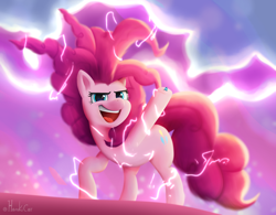 Size: 3840x2988 | Tagged: safe, artist:harukiicat, pinkie pie, earth pony, pony, g4, season 9, the ending of the end, bell, chaos, cute, female, grogar's bell, high res, mare, pinkie pie day, raised hoof, shading, smiling, solo