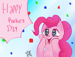Size: 1600x1200 | Tagged: safe, artist:ermecg, pinkie pie, earth pony, pony, g4, cute, female, hoof on face, mare, party, pinkie pie day, solo, squee, text