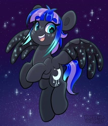 Size: 3406x4000 | Tagged: safe, artist:partypievt, oc, oc only, pegasus, pony, eyebrows, eyebrows visible through hair, female, flying, mare, night, open mouth, open smile, smiling, solo, starry wings, stars, traditional art, wings