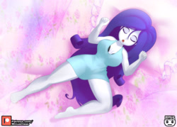 Size: 3850x2750 | Tagged: safe, artist:minusclass, rarity, human, equestria girls, g4, barefoot, big breasts, breasts, busty rarity, cleavage, clothes, dress, eyes closed, feet, female, high res, long hair, pillow, sexy, sleeping, solo