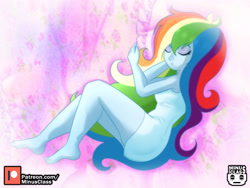 Size: 3325x2500 | Tagged: safe, artist:minusclass, rainbow dash, human, equestria girls, g4, barefoot, clothes, dress, eyes closed, feet, female, high res, long hair, pillow, rainbow dash always dresses in style, sexy, sleeping, solo, stupid sexy rainbow dash