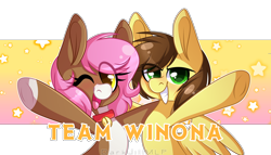 Size: 6472x3706 | Tagged: safe, artist:darkjillmlp123, winona, oc, oc only, earth pony, pegasus, pony, g4, absurd resolution, bell, bell collar, blushing, brown mane, coat markings, collar, colored hooves, duo, eye clipping through hair, facial markings, female, grin, hoof on shoulder, looking at you, mare, one eye closed, open mouth, open smile, pale belly, pink mane, ponified, simple background, smiling, smiling at you, snip (coat marking), stars, transparent background, underhoof, wink, winking at you, yellow coat