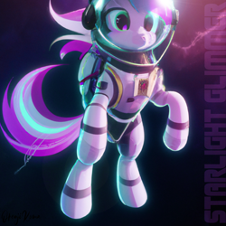 Size: 1024x1024 | Tagged: safe, artist:orenjikuma, starlight glimmer, unicorn, astronaut, female, floating, solo, solo female, space, space background, space helmet, spacesuit
