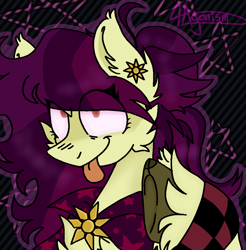 Size: 1168x1187 | Tagged: safe, oc, oc:sweet buttercream, earth pony, pony, abstract background, bags under eyes, bracelet, cape, checkers, chest fluff, clothes, ear fluff, ear piercing, earring, earth pony oc, hair bun, jewelry, looking at you, multicolored hair, piercing, raised eyebrow, raised hoof, smiling, smirk, sun, tongue out, unshorn fetlocks, watermark