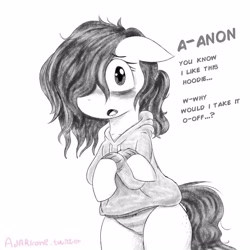 Size: 3000x3000 | Tagged: safe, artist:adarkone, oc, oc:floor bored, pony, bipedal, blushing, clothes, crossed hooves, cute, dialogue, grayscale, high res, hind legs, hoodie, implied anon, legs together, messy mane, monochrome, panties, simple background, underwear, white background