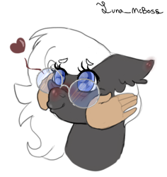 Size: 383x405 | Tagged: safe, artist:luna_mcboss, oc, oc:double stuff, human, pegasus, pony, big eyes, blue eyes, blushing, cheeks, crooked glasses, disembodied hand, ear blush, ear fluff, female, fluffy, glasses, gray coat, hand, hands on cheeks, heart, heart eyes, human on pony petting, looking at you, looking up, pegasus oc, petting, pony oc, shiny eyes, smiling, smiling at you, solo focus, squishy, squishy cheeks, white mane, wholesome, wingding eyes