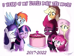 Size: 4096x3095 | Tagged: safe, artist:ringteam, applejack, fluttershy, pinkie pie, rainbow dash, rarity, tempest shadow, twilight sparkle, alicorn, earth pony, pegasus, pony, unicorn, g4, my little pony: the movie, anniversary, broken horn, cake, food, horn, mane six, simple background, twilight sparkle (alicorn), white background