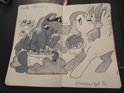 Size: 4000x3000 | Tagged: safe, artist:cutepencilcase, princess celestia, princess luna, alicorn, pony, g4, apple, apple basket, food, pie, traditional art