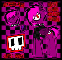 Size: 943x915 | Tagged: safe, artist:xxv4mp_g4z3rxx, oc, oc only, oc:violet valium, bat pony, pony, bat pony oc, checkered background, clothes, collar, cutie mark, ear piercing, eyeliner, fangs, folded wings, hoodie, makeup, piercing, red eyes, reference sheet, solo, spiked collar, torn ear, two toned mane, wings
