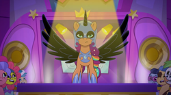 Size: 3300x1836 | Tagged: safe, screencap, nightmare moon, sunny starscout, g5, my little pony: tell your tale, spoiler:g5, spoiler:my little pony: tell your tale, spoiler:tyts01e30, clothes, costume, nightmare night costume, nightmare night party
