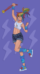 Size: 1183x2160 | Tagged: safe, artist:oleajn, rainbow dash, human, g4, alternate hairstyle, belly button, clothes, converse, female, humanized, leg warmers, medal, open mouth, ponytail, purple background, shoes, short shirt, shorts, simple background, sneakers, solo