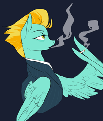 Size: 1700x2000 | Tagged: source needed, safe, artist:rice, lightning dust, pegasus, pony, bags under eyes, blowing smoke, cigarette, clothes, colored, female, flat colors, holding, image, imported from twibooru, lidded eyes, looking up, mare, partially open wings, pinstripes, png, shirt, signature, smoke, smoking, solo, suit, wing hands, wing hold, wings