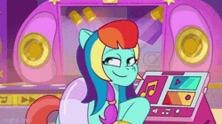 Size: 360x202 | Tagged: safe, screencap, jazz (g5), earth pony, pony, g5, my little pony: tell your tale, spoiler:tyts01e30, alternate hairstyle, animated, cute, flippers (gear), floatie, gif, grin, machinery, multicolored hair, music, rainbow hair, smiling, smug, solo, spotlight, stage, stage light, stereo, wig