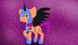 Size: 1735x1000 | Tagged: safe, artist:girlduog, sunny starscout, earth pony, pony, g5, my little pony: tell your tale, spoiler:g5, spoiler:my little pony: tell your tale, spoiler:tyts01e30, clothes, costume, fake horn, fake wings, female, gradient background, jewelry, multicolored hair, nightmare moon armor, nightmare night costume, nightmare night party, raised hoof, regalia, solo, that was fast