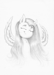 Size: 2200x3048 | Tagged: safe, artist:whiro153, fluttershy, pegasus, pony, g4, female, high res, mare, monochrome, pencil drawing, simple background, smiling, solo, spread wings, traditional art, white background, wings