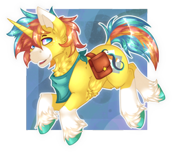 Size: 1564x1381 | Tagged: safe, artist:chvrchgrim, oc, oc only, oc:timid leap, pony, unicorn, bag, male, neckerchief, satchel, smiling, solo, stallion, unshorn fetlocks