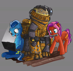 Size: 3000x2888 | Tagged: safe, artist:uteuk, oc, oc only, oc:natrix capefiv, earth pony, pegasus, pony, armor, camera, computer, gray background, high res, laptop computer, science fiction, simple background, wrench