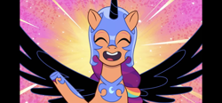 Size: 1792x828 | Tagged: safe, screencap, nightmare moon, sunny starscout, earth pony, pony, g5, my little pony: tell your tale, nightmare night party, spoiler:g5, spoiler:tyts01e30, clothes, costume, female, mane stripe sunny, mare, nightmare moon armor, nightmare night, nightmare night costume, nightmare sunny